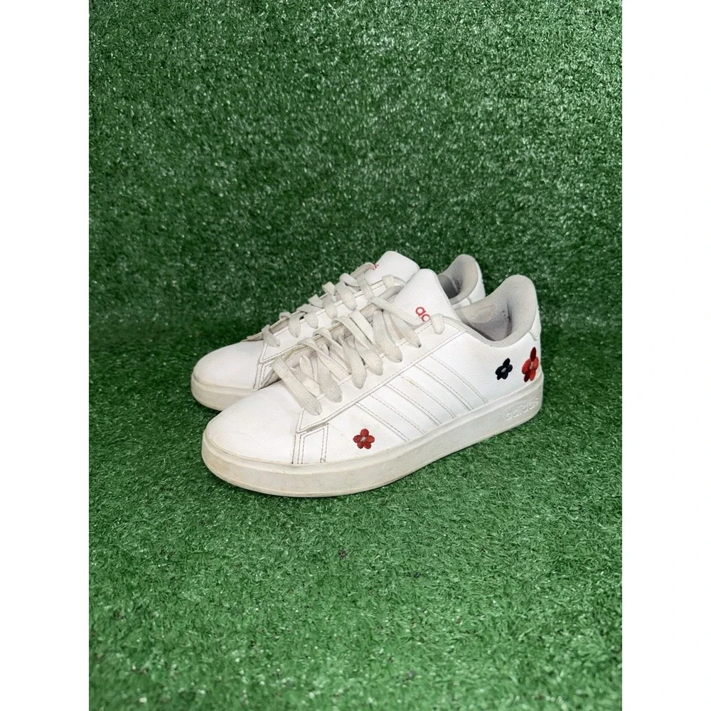 Adidas Womens Size 6.5 Grand Court 2.0 White Floral Flower Casual Shoes Sneakers